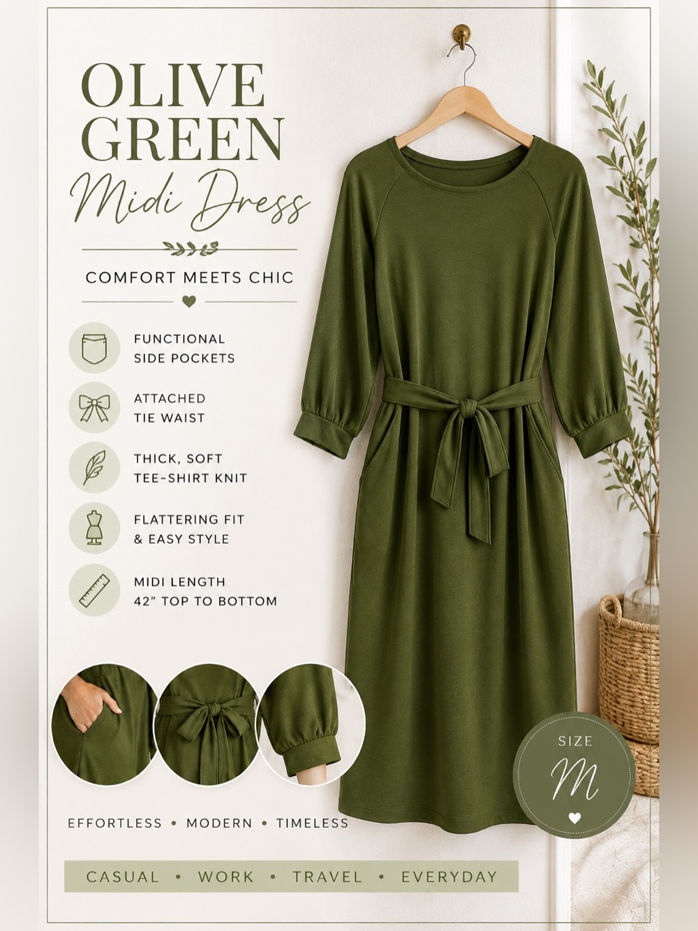 Olive Green Midi Dress Tie Waist Pockets 3/4 Sleeve Boutique M